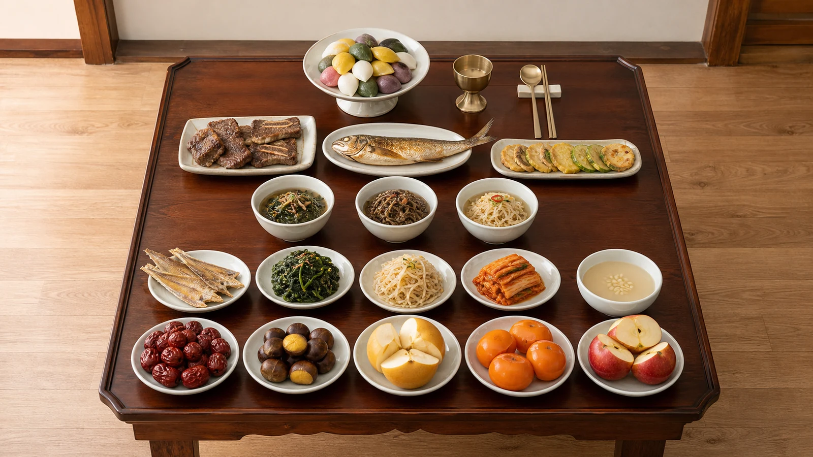 전통적인 5열 추석 차례상 음식 배치 예시